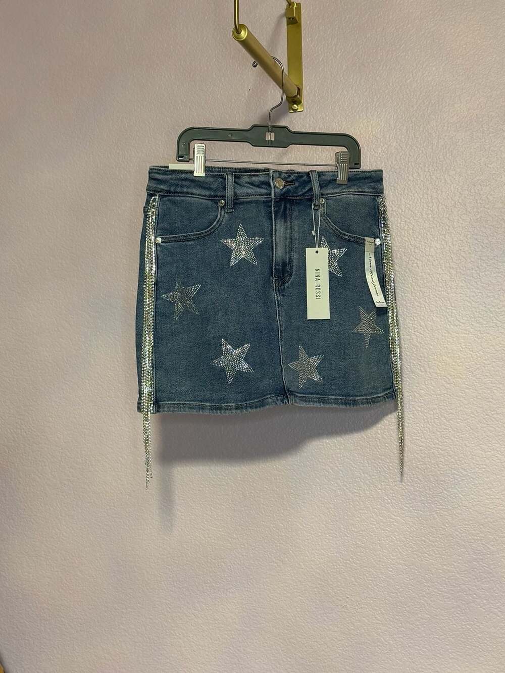 Nina Rossi Denim Skirt Size L Star Rhinestone Fringe Mini